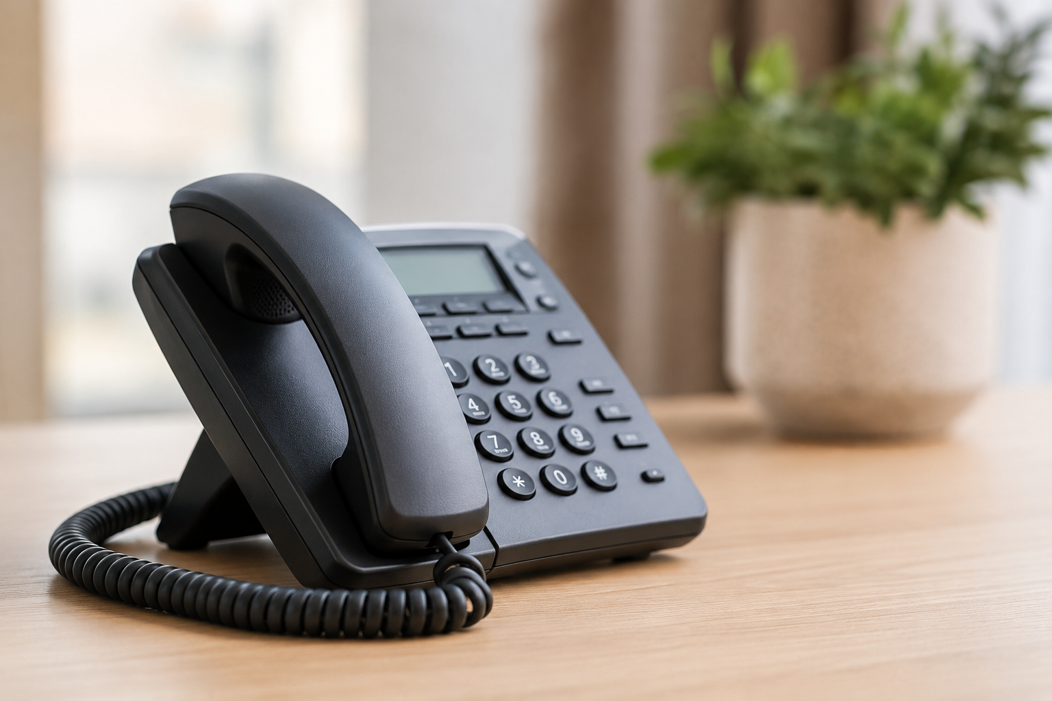Schwarzes Bürotelefon für telefonische Terminvereinbarung in der Massagepraxis. Schwarzes Bürotelefon für telefonische Terminvereinbarung in der Massagepraxis.