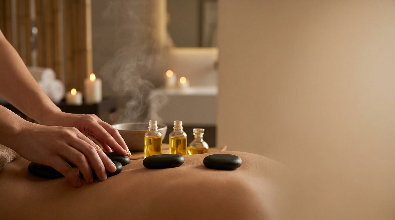 Nahaufnahme einer entspannenden Hot-Stone-Massage mit warmen Basaltsteinen auf dem Rücken, begleitet von ätherischen Ölen und Kerzenlicht im Hintergrund