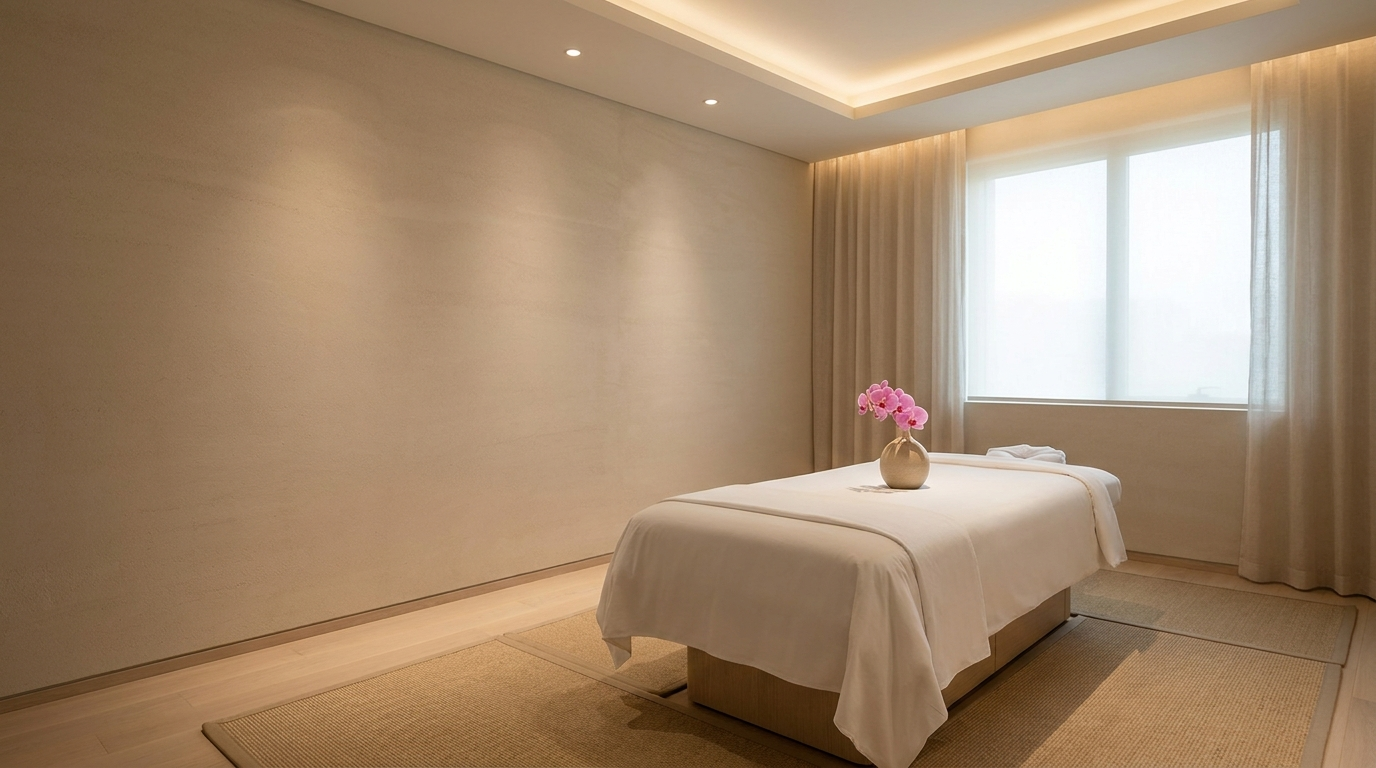 Ein ruhiger, minimalistischer Spa-Raum mit warmem Licht, eleganter Massageliege und natürlichen Materialien – für vollkommene Entspannung.