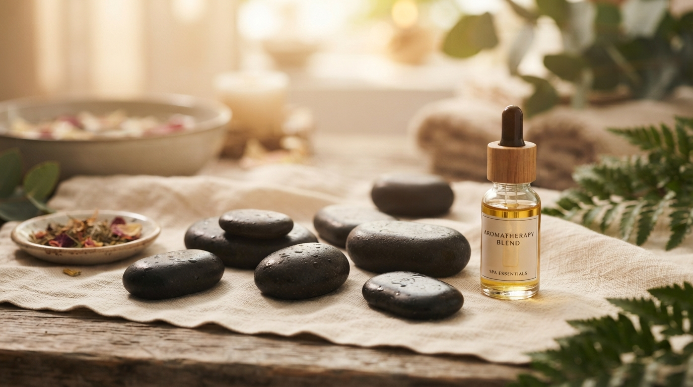 Heiße Steine und Aromatherapie-Öl für Hot-Stone-Massage – massierbar